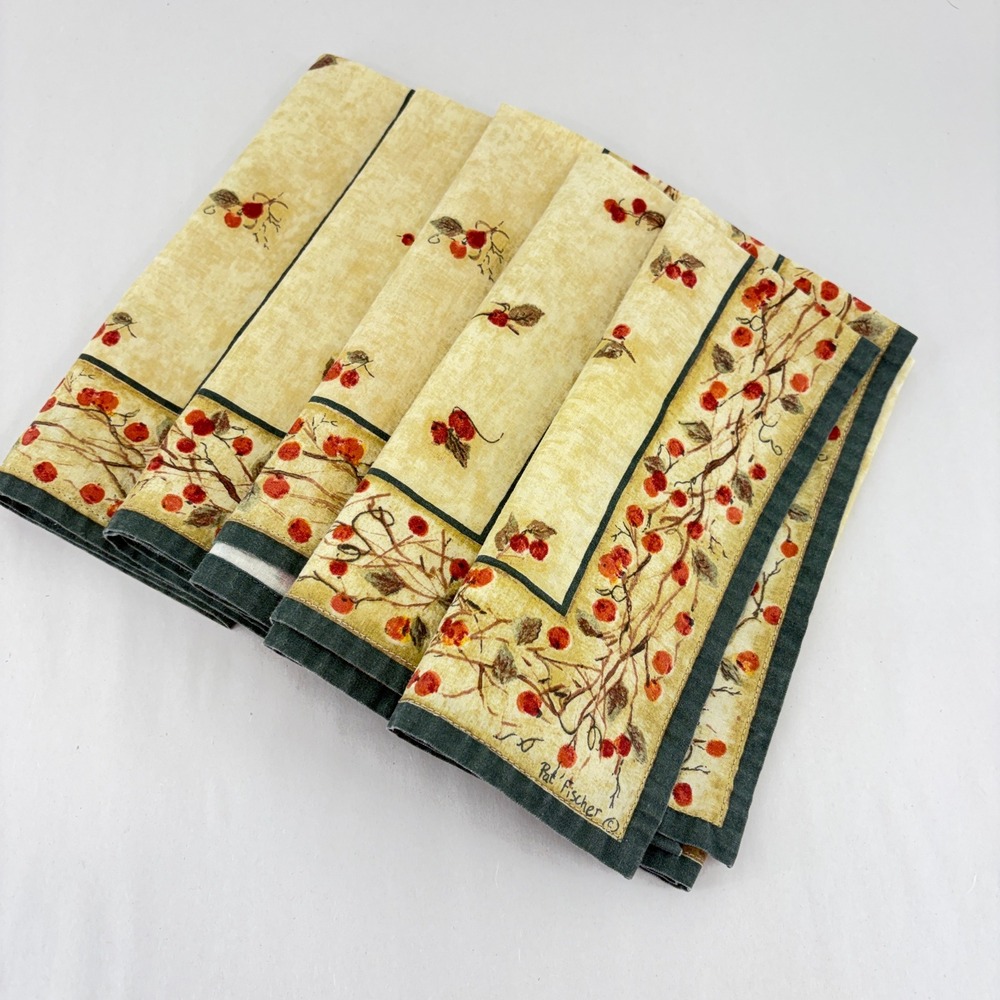 Park Designs Pat Fischer Bittersweet Berry Cotton Napkins Set of 5 Cream Green